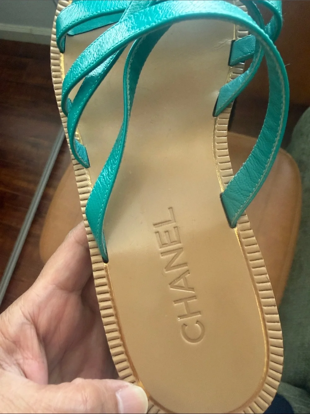 CHANEL Turquoise (darker side color like green) Crisscross Leather Slide Sandals